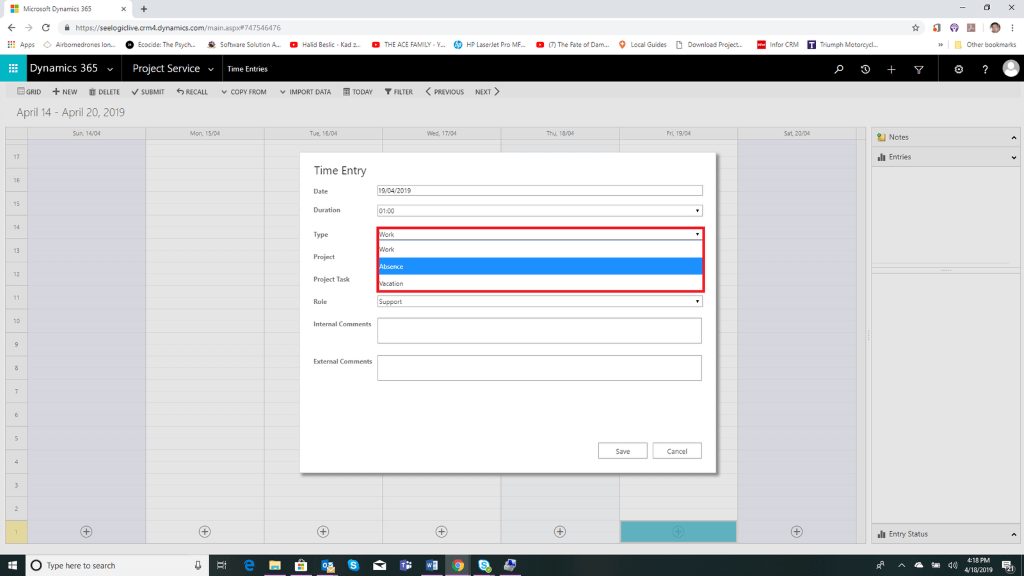 time entry in dynamics 365